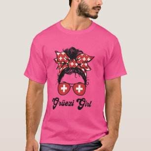 Grüezi Girl Switzerland Flag Messy Bun Swiss Schwe T-Shirt