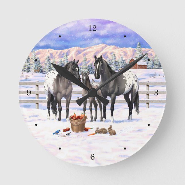 Grulla Gray Appaloosa Horses On A Farm In Snow Round Clock (Front)
