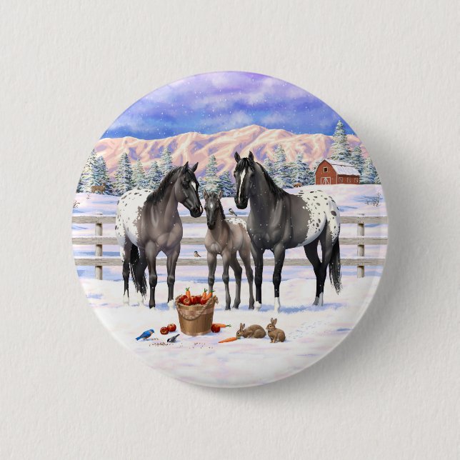 Grulla Grey Appaloosa Horses On A Farm In Snow 6 Cm Round Badge (Front)