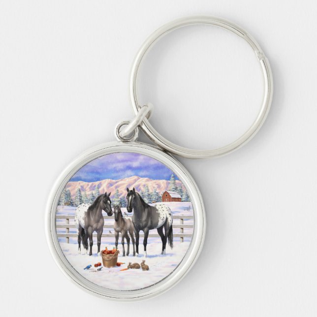Grulla Grey Appaloosa Horses On A Farm In Snow Key Ring (Front)