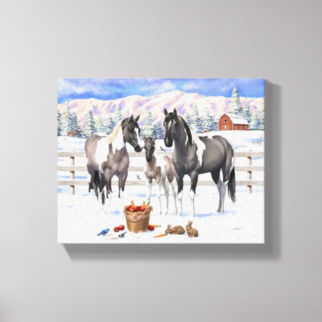 Grulla Pinto Grey Paint Horses on a Winter Farm Canvas Print (Front)