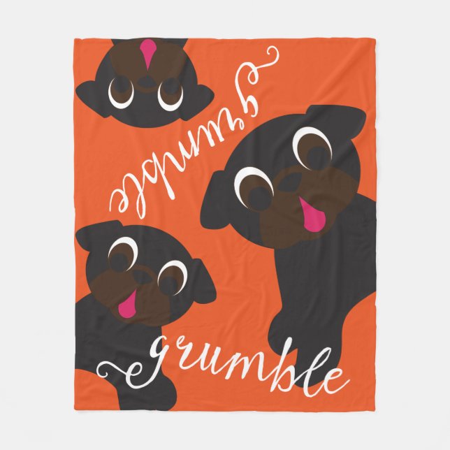 Grumble, Grumble Black Pugs Fleece Blanket Orange (Front)