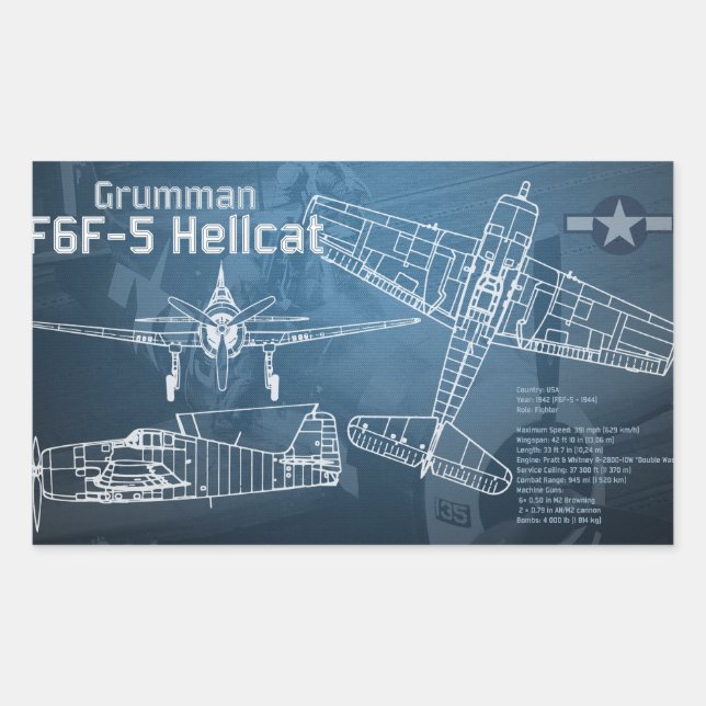 Grumman F6F Hellcat Blueprint Rectangular Sticker (Front)