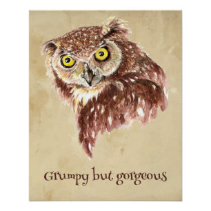 Grump Minimalist Watercolor Print Art Owl Lovers."