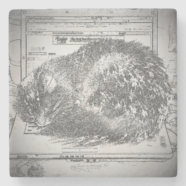 Grumpy Angel Cat Sleeping on a Laptop Stone Coaster (Front)