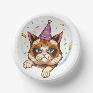 Grumpy Birthday Cat – Party Hat & Confetti Paper Plate