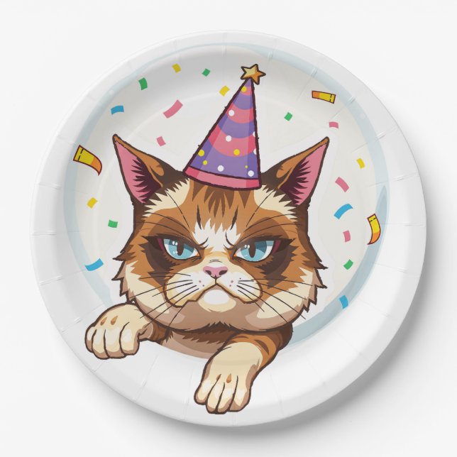 Grumpy Birthday Cat – Party Hat & Confetti Paper Plate (Front)