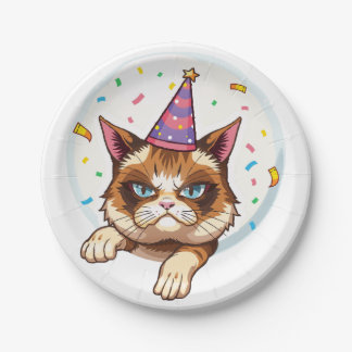 Grumpy Birthday Cat – Party Hat & Confetti Paper Plate