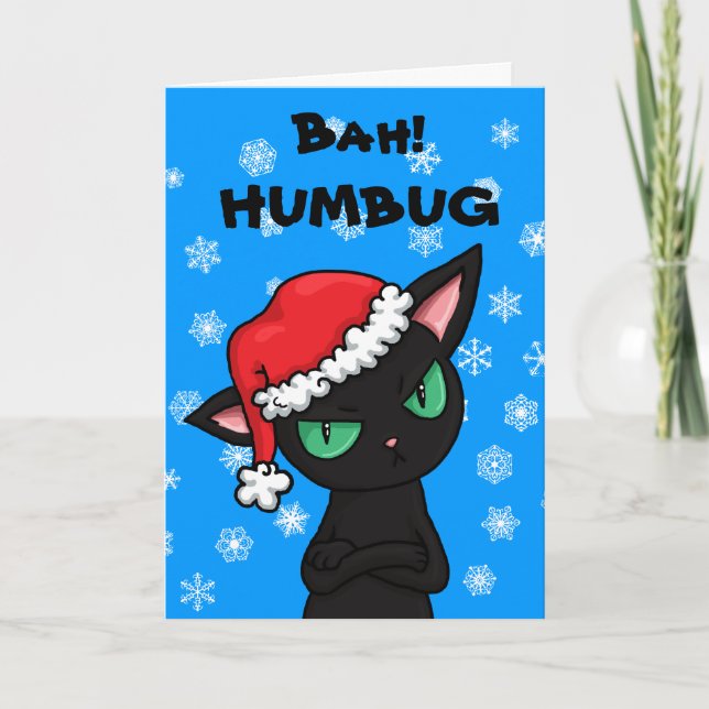 Grumpy Black Cat Bah Humbug Christmas Holiday Card (Front)