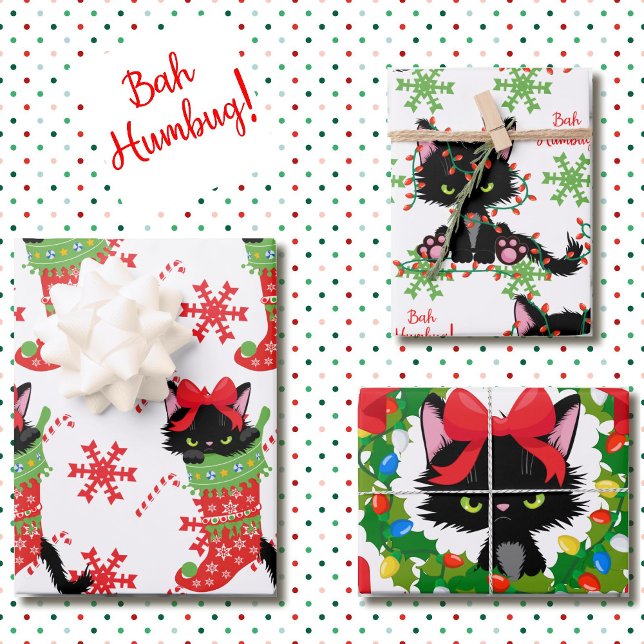 Grumpy Black Cat Bah Humbug Red and Green 3  Wrapping Paper Sheet (Creator Uploaded)