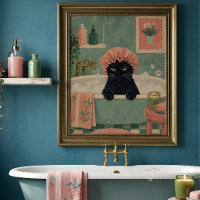 Grumpy Black Cat Bath Time Retro Vintage Art 