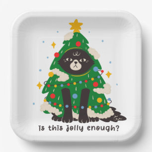 Grumpy Black Cat Dressed As a Tree Paper Plate