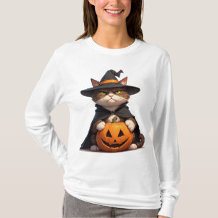 Grumpy Black Cat Holding Pumpkin For Halloween 👻 T-Shirt