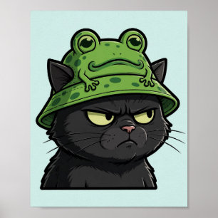 Grumpy Black Cat in a Frog Hat Poster