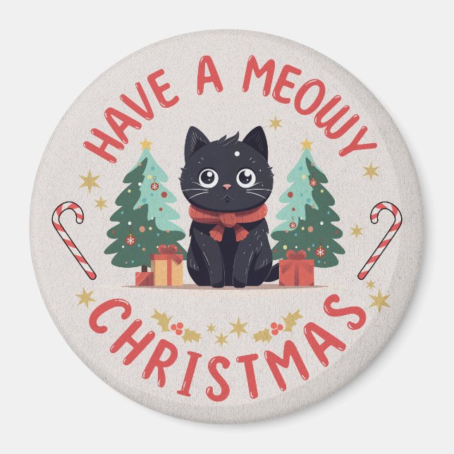 Grumpy Black Cat Meowy Christmas Magnet (Front)