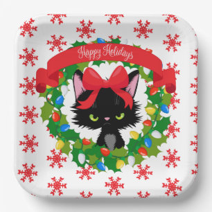 Grumpy Black Cat She Made Me Dress Up Christmas Paper Plate