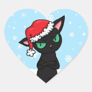 Grumpy Black Cat wearing Santa Hat Heart Sticker