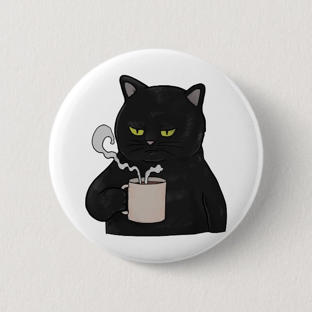 Grumpy Black Cat with Coffee Morning Grouch 6 Cm Round Badge (Front)