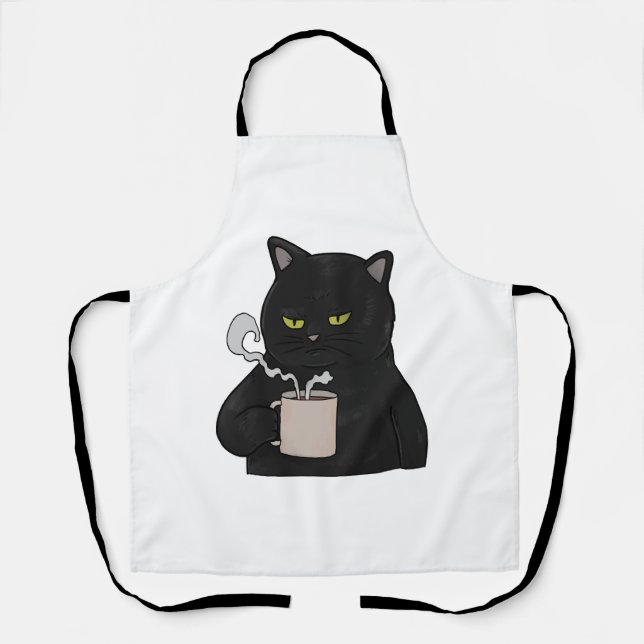 Grumpy Black Cat with Coffee Morning Grouch Apron (Front)
