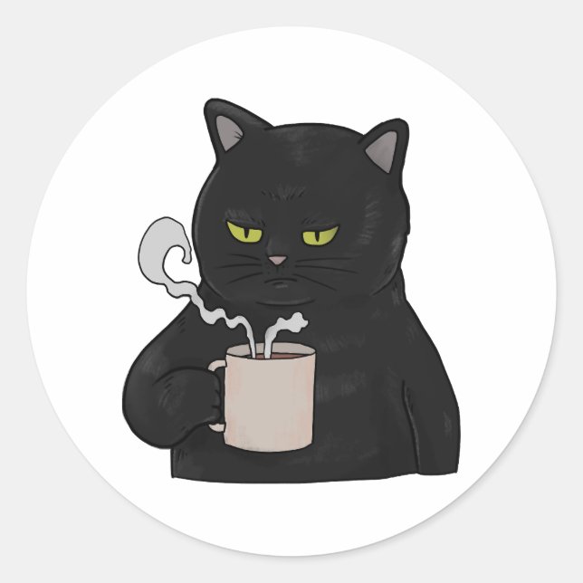 Grumpy Black Cat with Coffee Morning Grouch Classic Round Sticker (Front)