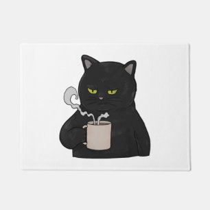 Grumpy Black Cat with Coffee Morning Grouch Doormat