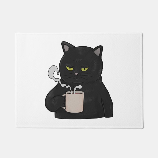 Grumpy Black Cat with Coffee Morning Grouch Doormat (Front)