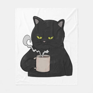 Grumpy Black Cat with Coffee Morning Grouch Fleece Blanket