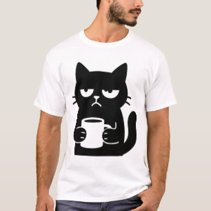 Grumpy Black Cat with Coffee Mug Funny T-Shirt
