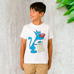 Grumpy Blue Cartoon Cat Holding Demands List T-Shirt