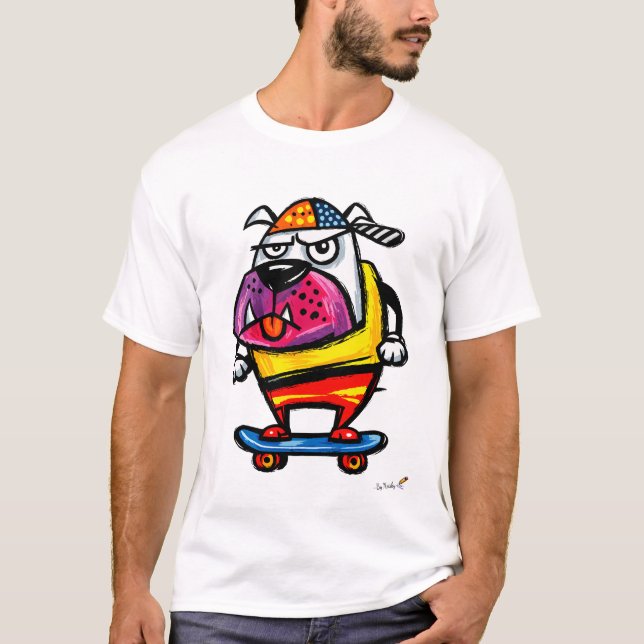 Grumpy Bulldog on Skateboard Cartoon T-Shirt (Front)