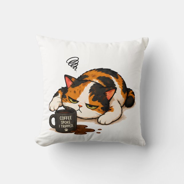 Grumpy Calico Cat - Coffee spoke Cushion (Front)