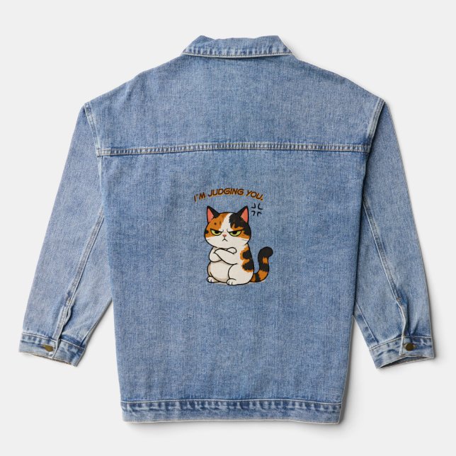 Grumpy Calico Cat - i`m judging you  Denim Jacket (Back)