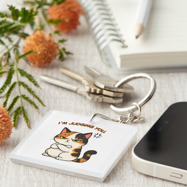 Grumpy Calico Cat - i`m judging you  Key Ring (Front Right)
