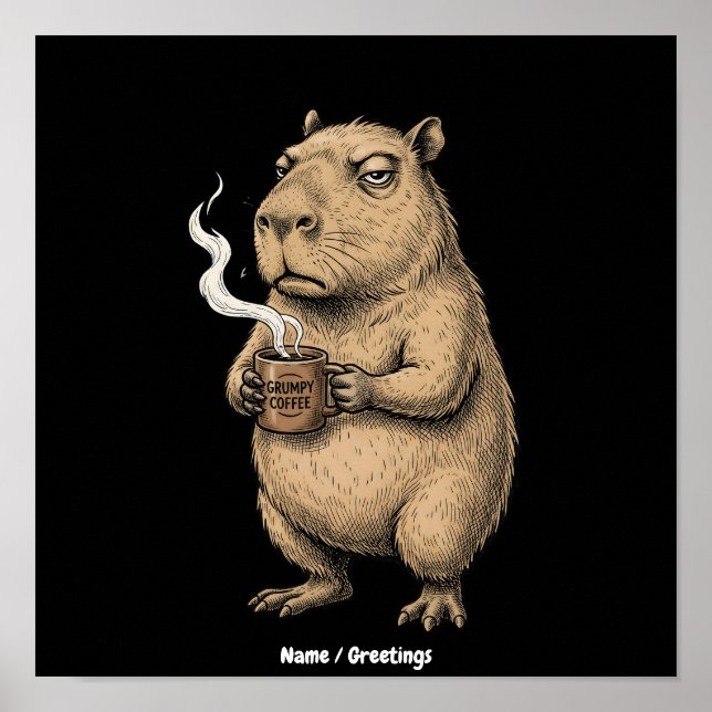 Grumpy Capybara Coffee Vintage Ink Sketch  Poster (Front)