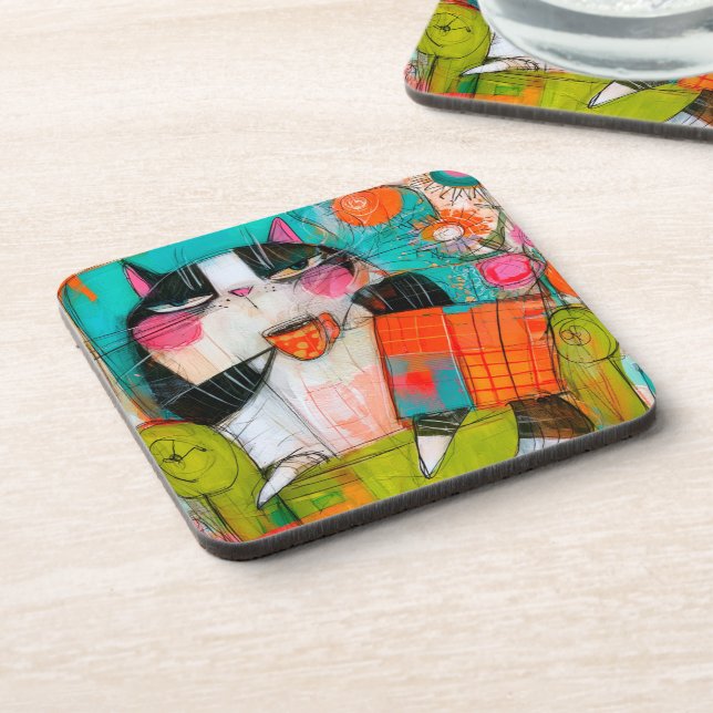 Grumpy Cat Drinking Coffee In Armchair Coaster (Left Side)