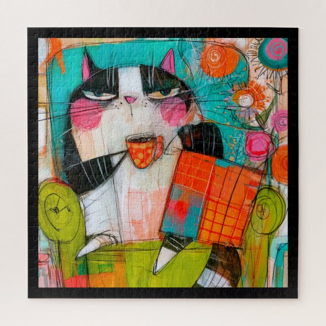 Grumpy Cat Drinking Coffee In Armchair Jigsaw Puzzle (Vertical)