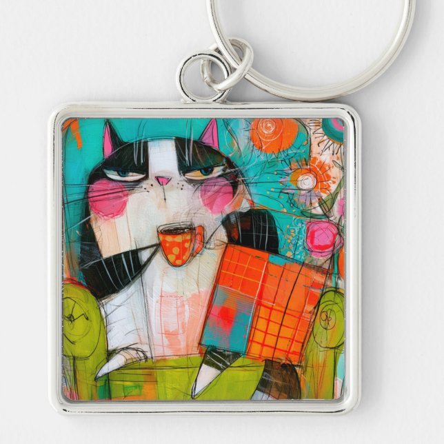 Grumpy Cat Drinking Coffee In Armchair Key Ring (Front)