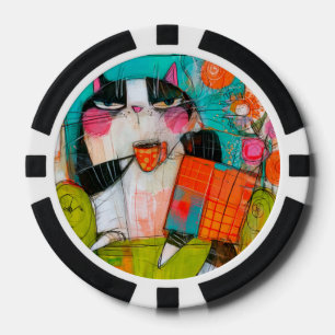 Grumpy Cat Drinking Coffee In Armchair Poker Chips