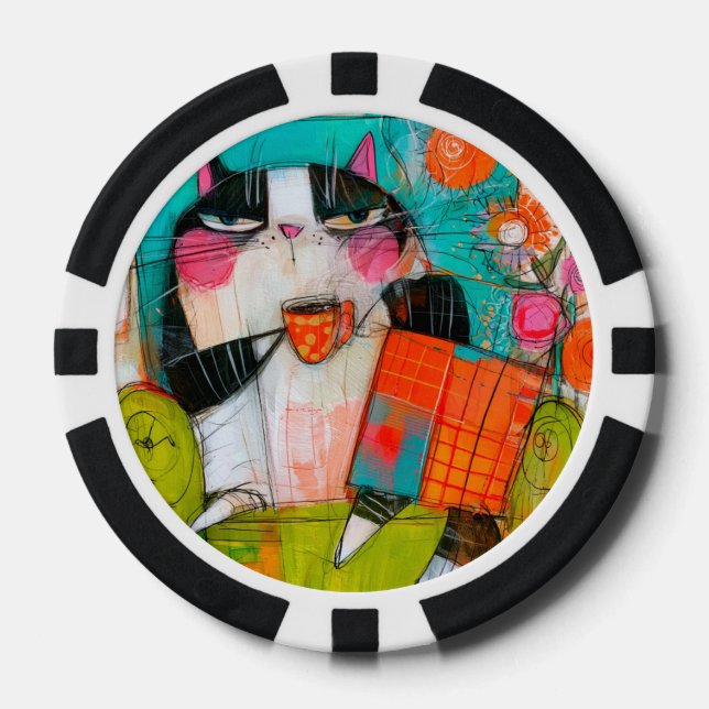 Grumpy Cat Drinking Coffee In Armchair Poker Chips (Front)