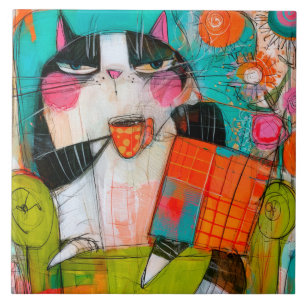 Grumpy Cat Drinking Coffee In Armchair Tile