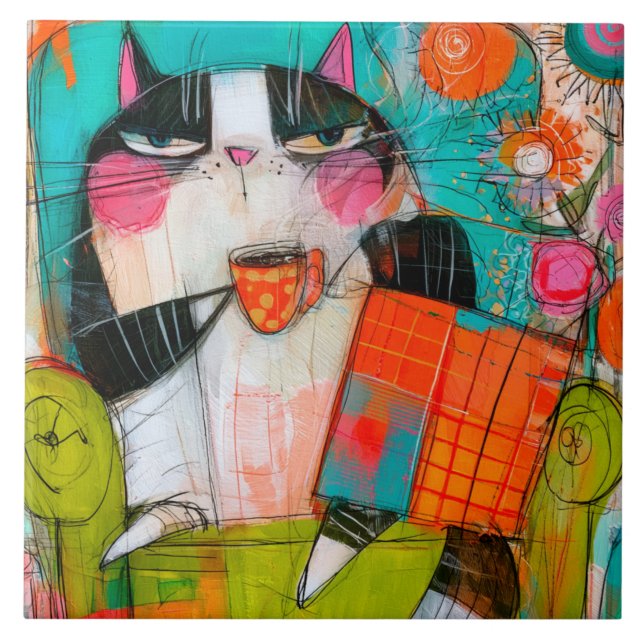 Grumpy Cat Drinking Coffee In Armchair Tile (Front)