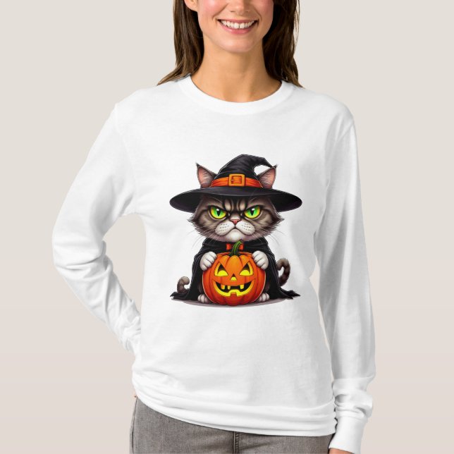 Grumpy Cat In Witch Costume With Pumpkin 🎃 T-Shirt (Front)
