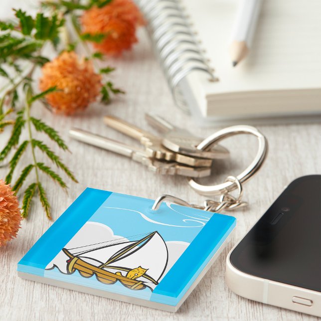 Grumpy Cat on a Sailboat Funny Nautical Cartoon  Key Ring (Creator Uploaded)