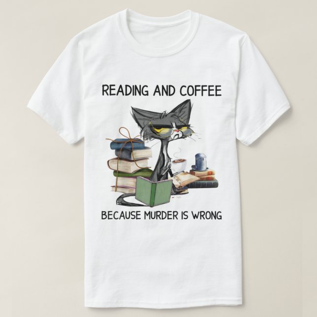 Grumpy Cat Reading and Coffee T-Shirt (Design Front)