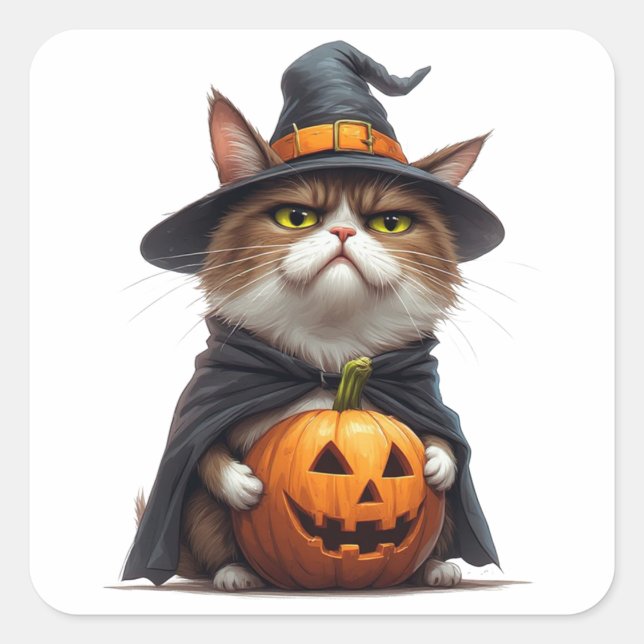 Grumpy Cat Wearing Pumpkin Witch Outfit 🎃 Square Sticker (Front)