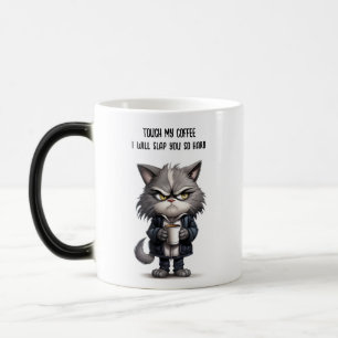 Grumpy cat with cup of coffee