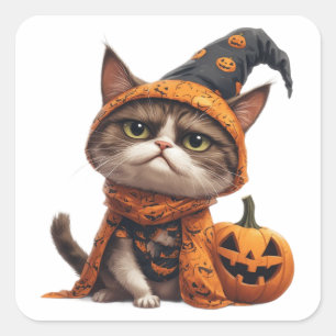 Grumpy Cat With Jack O Lantern Companion 🎃 Square Sticker