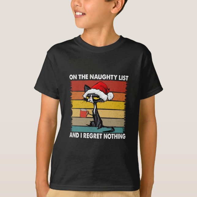 Grumpy Christmas Cat on the Naughty List T-Shirt (Front)