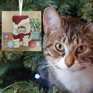 Grumpy Christmas Cat Santa Funny Holiday Glass Tree Decoration