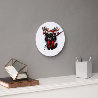 Grumpy Christmas Cat with Santa Hat and Antlers Round Clock